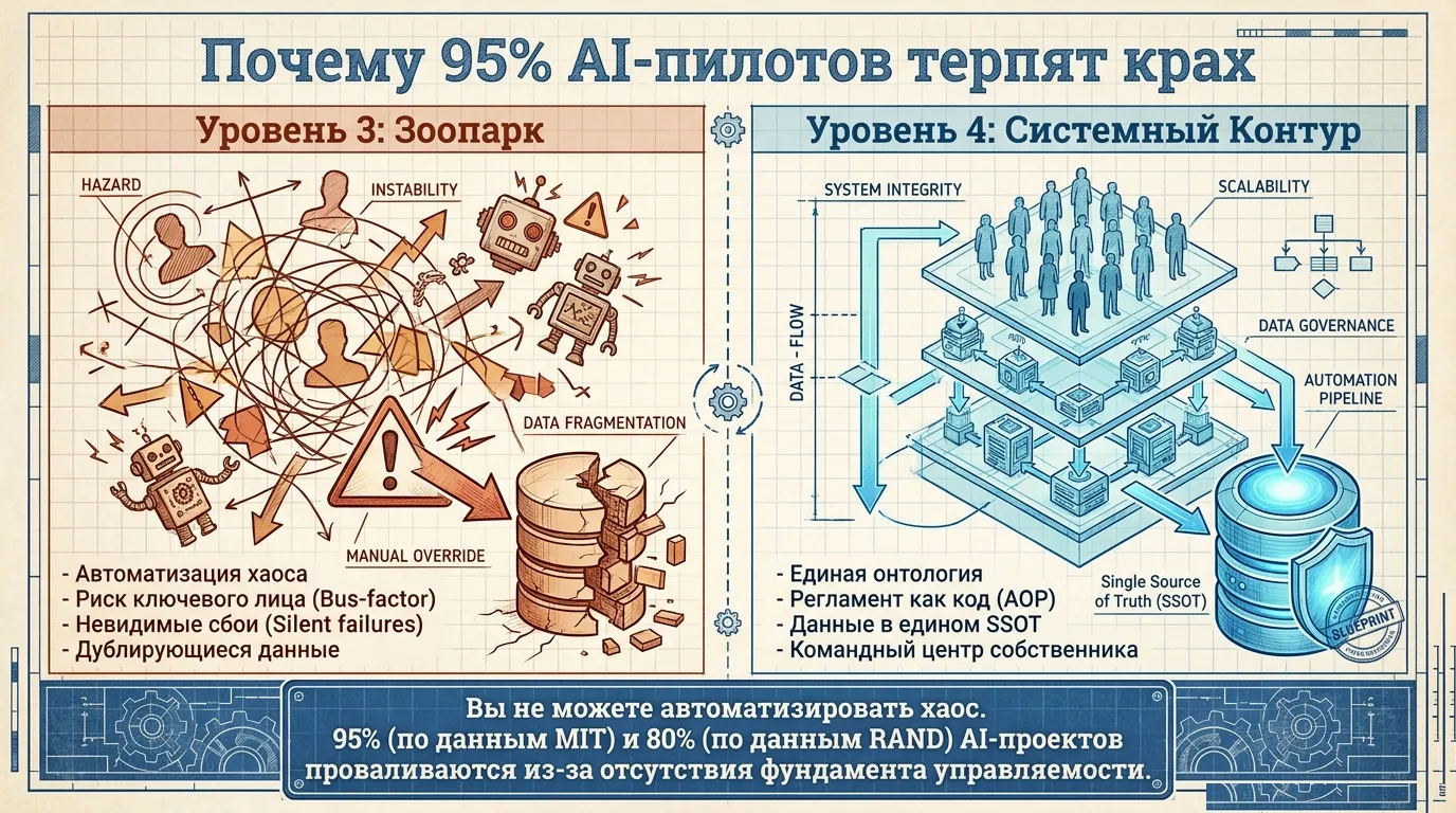 Почему 95% AI-пилотов терпят крах: зоопарк ботов против системного контура