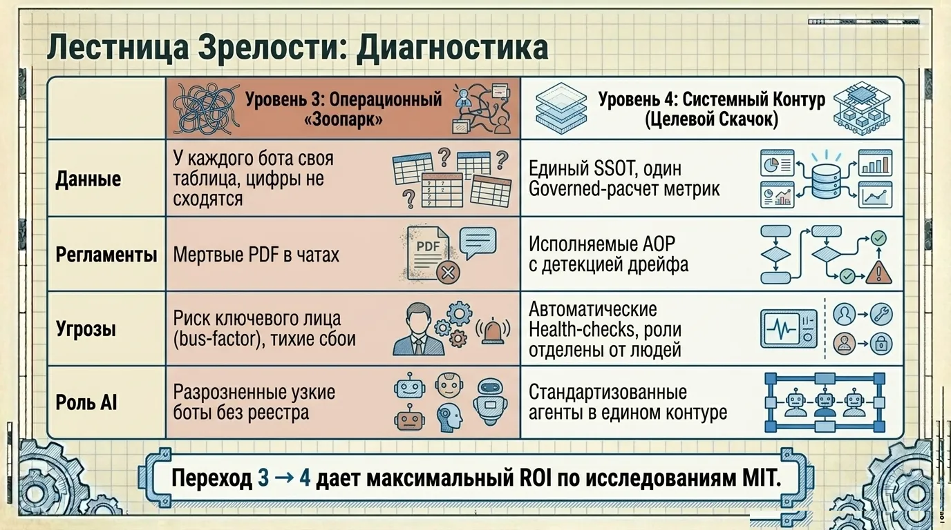 Лестница зрелости: операционный «зоопарк» против системного контура