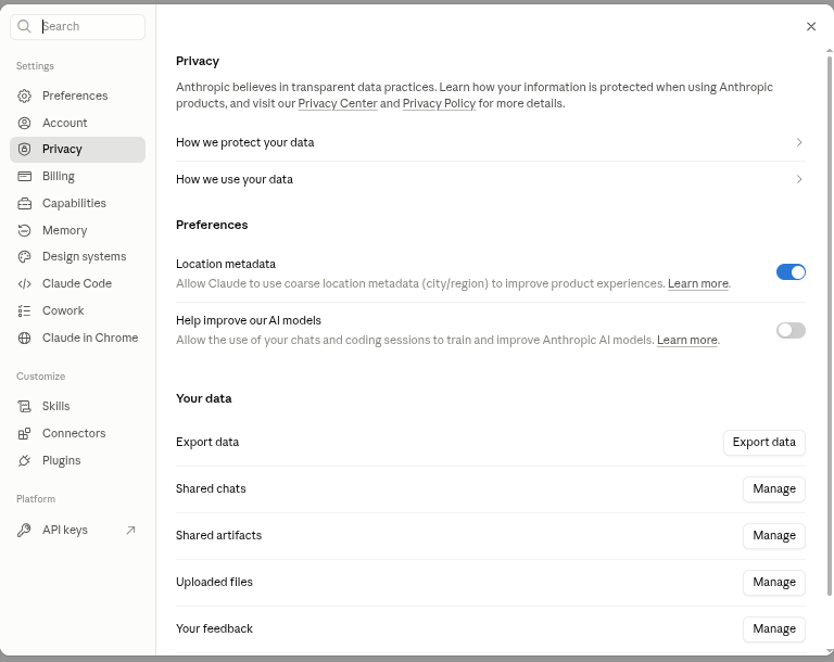 Claude: Settings → Privacy, переключатель «Help improve our AI models»